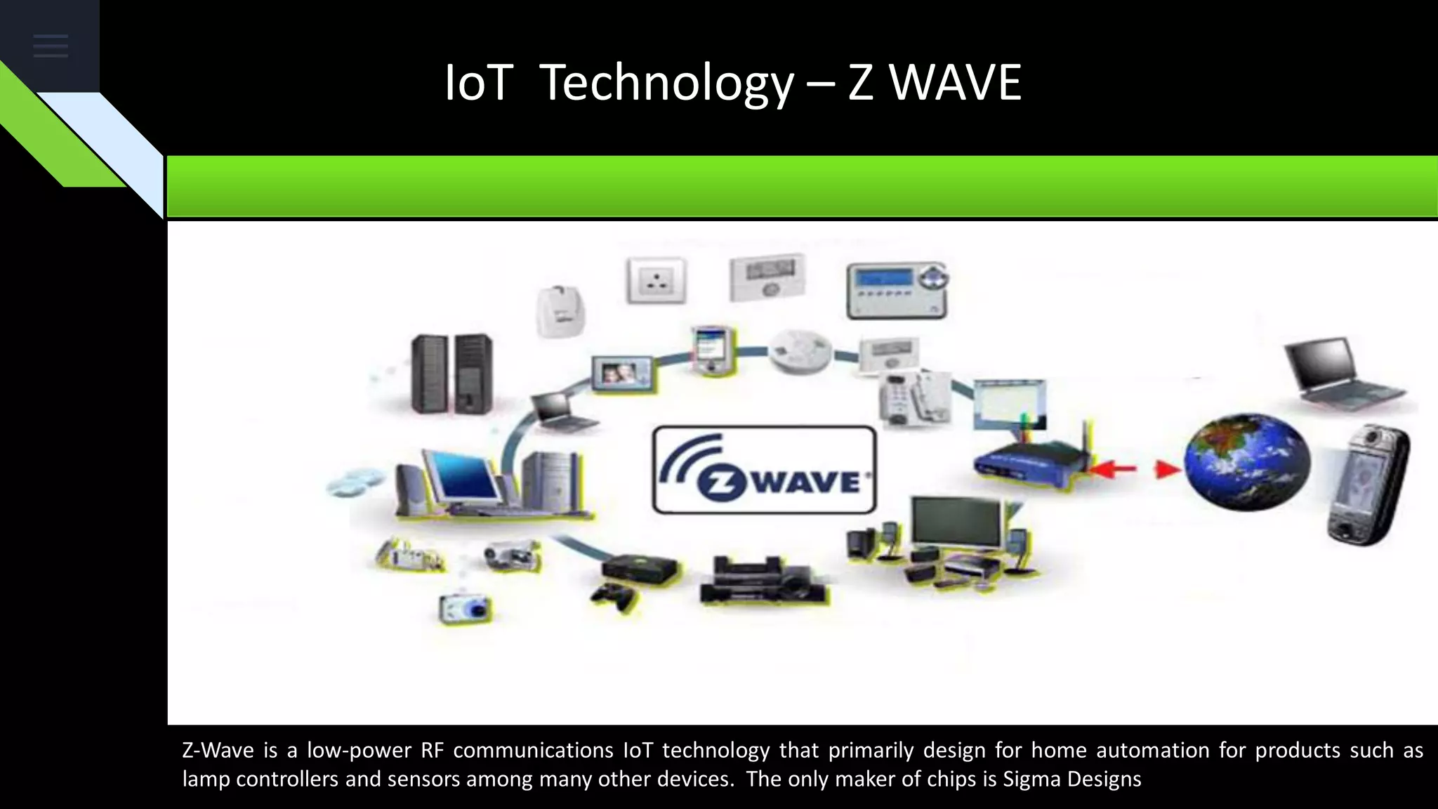 IoT Technology – Z WAVE
Z-Wave is a low-power RF communications IoT technology that primarily design for home automation for products such as
lamp controllers and sensors among many other devices. The only maker of chips is Sigma Designs
 