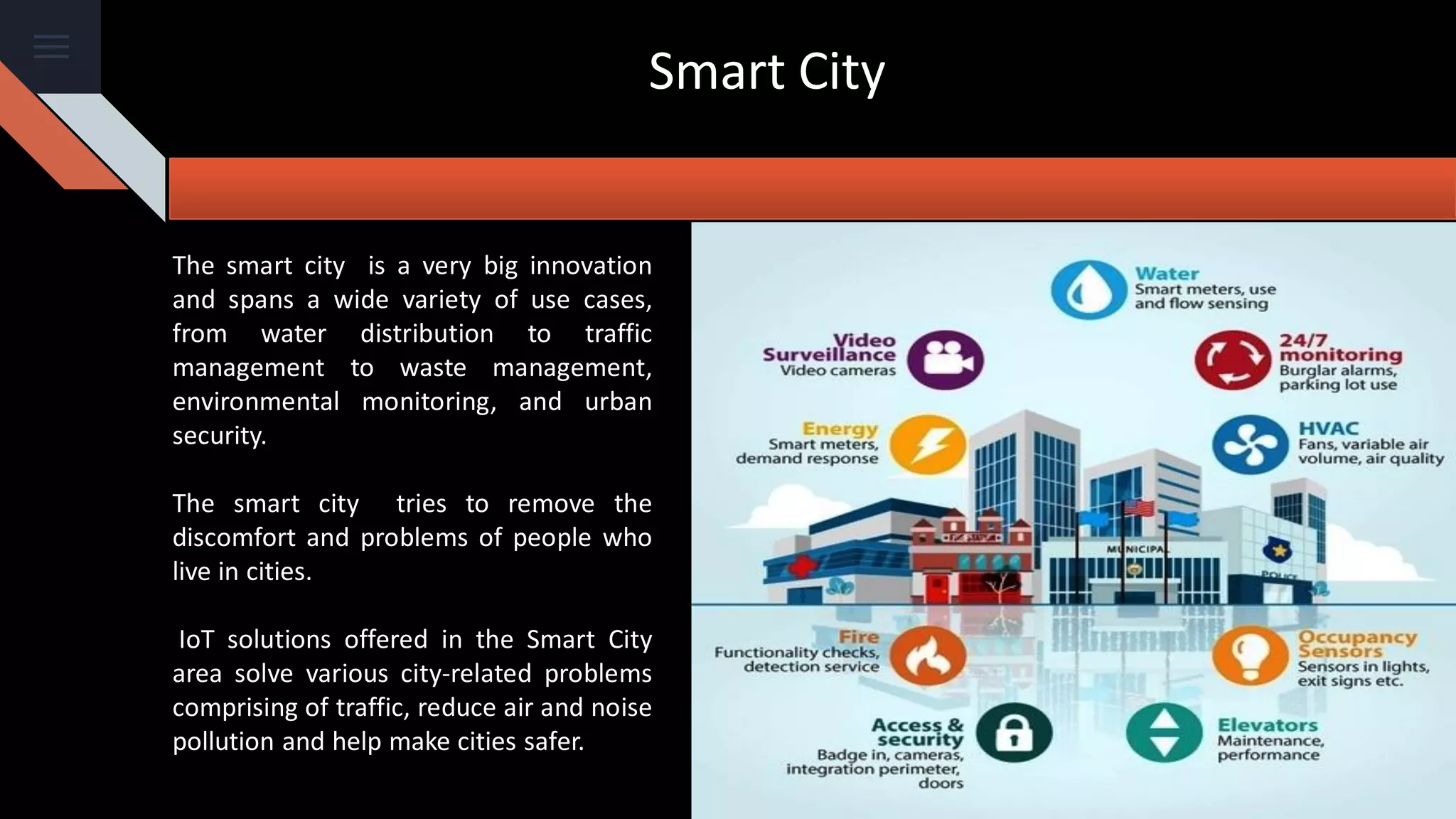 The smart city is a very big innovation
and spans a wide variety of use cases,
from water distribution to traffic
management to waste management,
environmental monitoring, and urban
security.
The smart city tries to remove the
discomfort and problems of people who
live in cities.
IoT solutions offered in the Smart City
area solve various city-related problems
comprising of traffic, reduce air and noise
pollution and help make cities safer.
Smart City
 