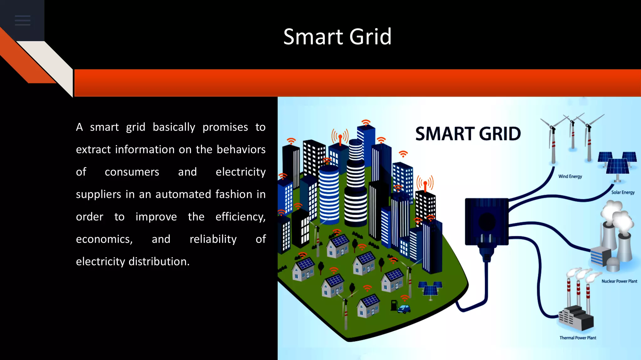 Smart Grid
A smart grid basically promises to
extract information on the behaviors
of consumers and electricity
suppliers in an automated fashion in
order to improve the efficiency,
economics, and reliability of
electricity distribution.
 