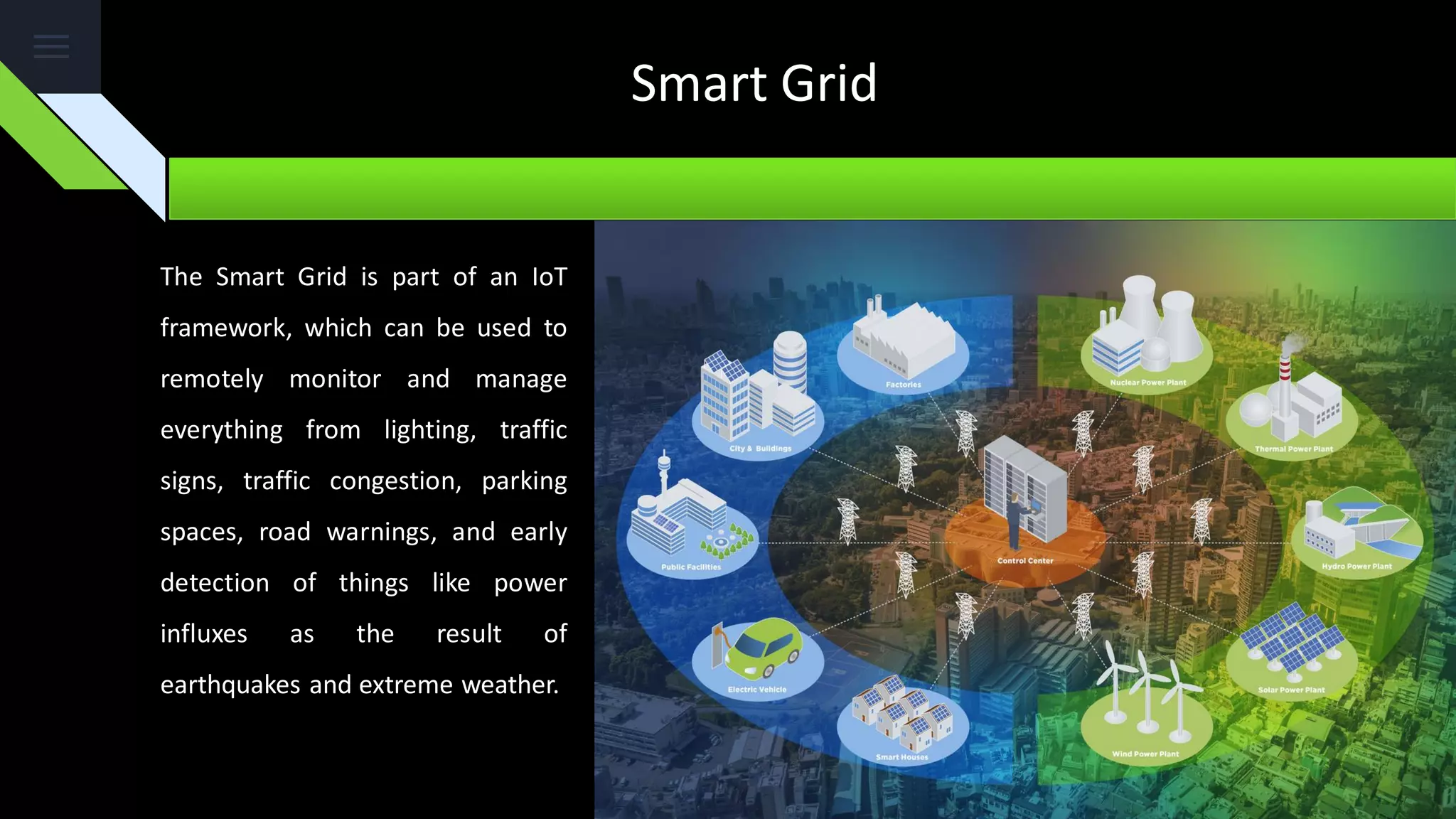 Smart Grid
The Smart Grid is part of an IoT
framework, which can be used to
remotely monitor and manage
everything from lighting, traffic
signs, traffic congestion, parking
spaces, road warnings, and early
detection of things like power
influxes as the result of
earthquakes and extreme weather.
 