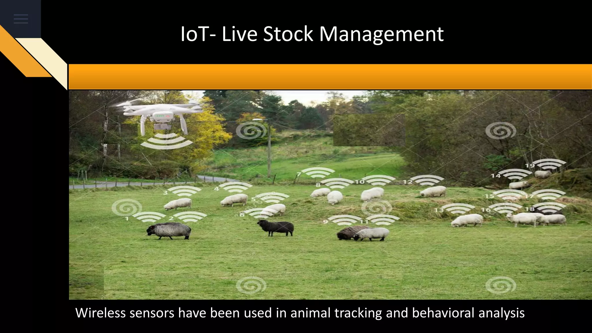 IoT- Live Stock Management
Wireless sensors have been used in animal tracking and behavioral analysis
 