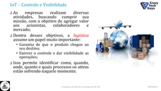 IoT – Controle e Visibilidade
Δ As empresas realizam diversas
atividades, buscando cumprir sua
missão, com o objetivo de agregar valor
aos acionistas, colaboradores e
mercado;
Δ Dentro desses objetivos, a logística
assume um papel muito importante:
• Garantia de que o produto chegue ao
seu destino;
• Exercer o controle e dar visibilidade as
operações;
Δ Isso permite identificar como, quando,
onde, quanto e quais processos os ativos
estão sofrendo naquele momento;
26/10/2016II Congresso de Ciência e Tecnologia da PUC-GO
 