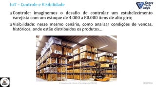 IoT – Controle e Visibilidade
Δ Controle: imaginemos o desafio de controlar um estabelecimento
varejista com um estoque de 4.000 a 80.000 itens de alto giro;
Δ Visibilidade: nesse mesmo cenário, como analisar condições de vendas,
históricos, onde estão distribuídos os produtos...
26/10/2016II Congresso de Ciência e Tecnologia da PUC-GO
 