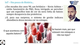 IoT – Um pouco de História...
Δ Em meados dos anos 90, um britânico – Kevin Ashton –
então funcionário da P&G, ficou intrigado ao perceber
que um específico tom de cor da nova linha de batons
sempre desaparecia das prateleiras.
Δ E, para sua surpresa, o sistema de gestão indicava
abundância dessa mesma cor no estoque;
O que aconteceu com
aqueles batons?
Se haviam mais, por que
estavam nos estoques e
não nas lojas?
26/10/2016II Congresso de Ciência e Tecnologia da PUC-GO
 