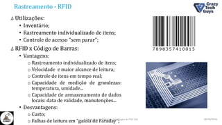 Rastreamento - RFID
Δ Utilizações:
• Inventário;
• Rastreamento individualizado de itens;
• Controle de acesso “sem parar”;
Δ RFID x Código de Barras:
• Vantagens:
o Rastreamento individualizado de itens;
o Velocidade e maior alcance de leitura;
o Controle de itens em tempo real;
o Capacidade de medição de grandezas:
temperatura, umidade...
o Capacidade de armazenamento de dados
locais: data de validade, manutenções...
• Desvantagens:
o Custo;
o Falhas de leitura em “gaiola de Faraday”; 26/10/2016II Congresso de Ciência e Tecnologia da PUC-GO
 