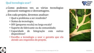 Qual tecnologia usar?
Δ Como pudemos ver, as várias tecnologias
possuem vantagens e desvantagens.
Δ Em cada projeto, devemos analisar:
• Qual o problema a ser resolvido?
• Status da tecnologia;
• DIY (pequena escala) ou larga escala?
• Suporte do fabricante ou da comunidade;
• Capacidade de Integração com outros
dispositivos?
• Escolha a tecnologia a usar e garanta que ela
atende aos requisitos do projeto.
26/10/2016II Congresso de Ciência e Tecnologia da PUC-GO
 