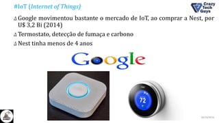 #IoT (Internet of Things)
Δ Google movimentou bastante o mercado de IoT, ao comprar a Nest, por
U$ 3,2 Bi (2014)
Δ Termostato, detecção de fumaça e carbono
Δ Nest tinha menos de 4 anos
26/10/2016II Congresso de Ciência e Tecnologia da PUC-GO
 