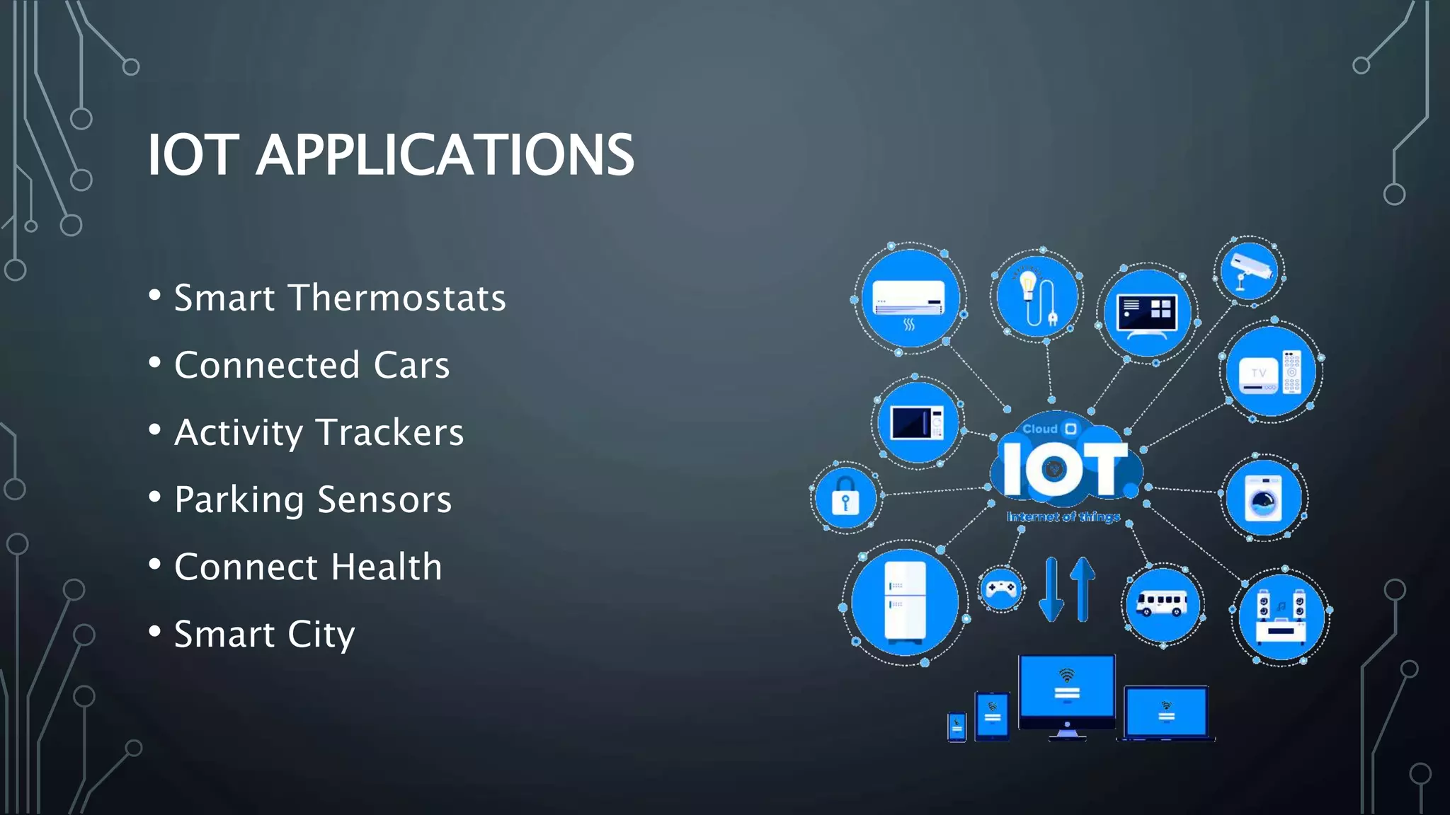 IOT APPLICATIONS
• Smart Thermostats
• Connected Cars
• Activity Trackers
• Parking Sensors
• Connect Health
• Smart City
 