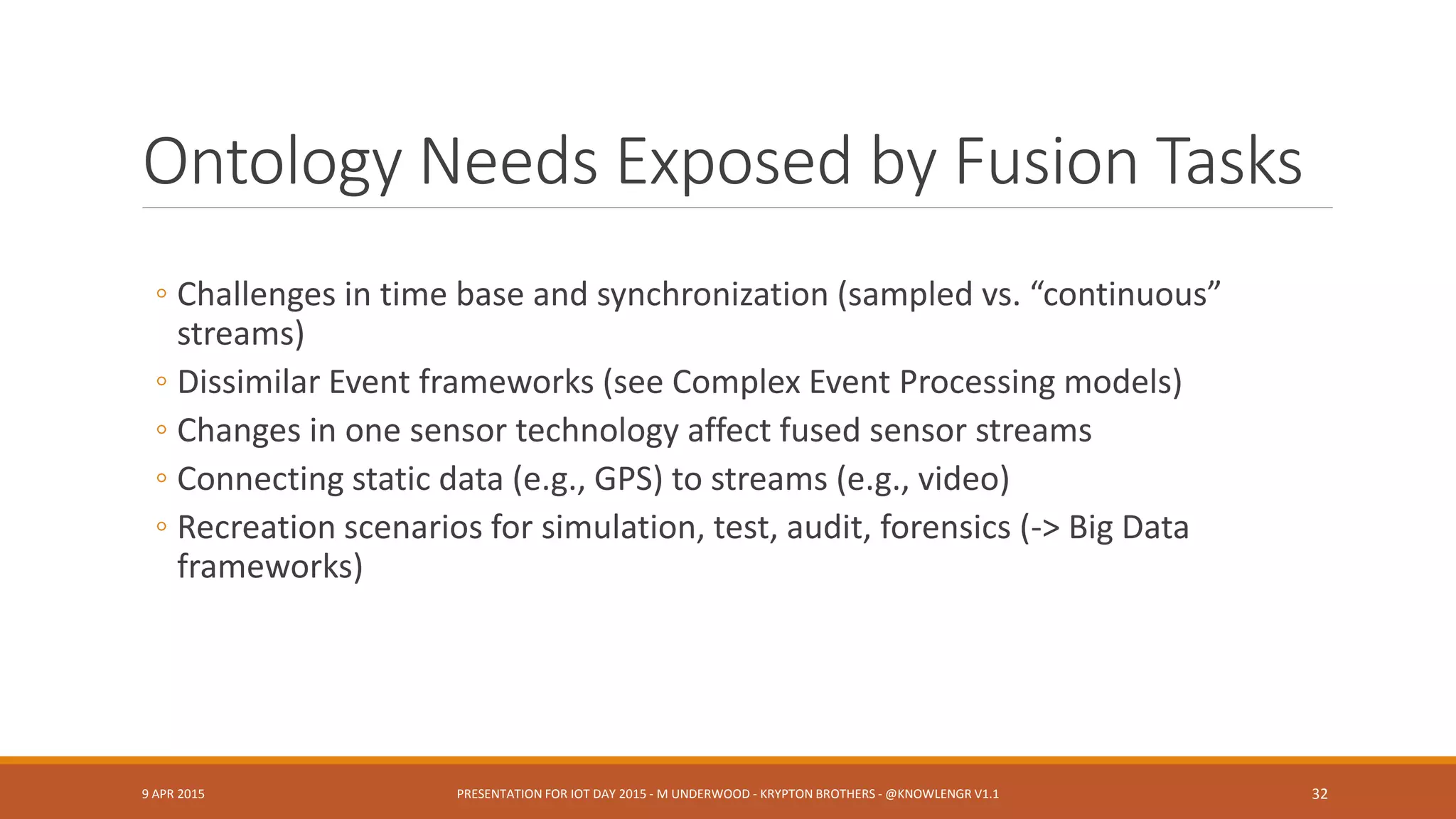 “Mainstream”
Geospatial
Information
Fusion
What seems “Elementary” may be
anything but.
9 APR 2015
PRESENTATION FOR IOT DAY 2015 - M UNDERWOOD - KRYPTON BROTHERS - @KNOWLENGR
V1.2
32
 