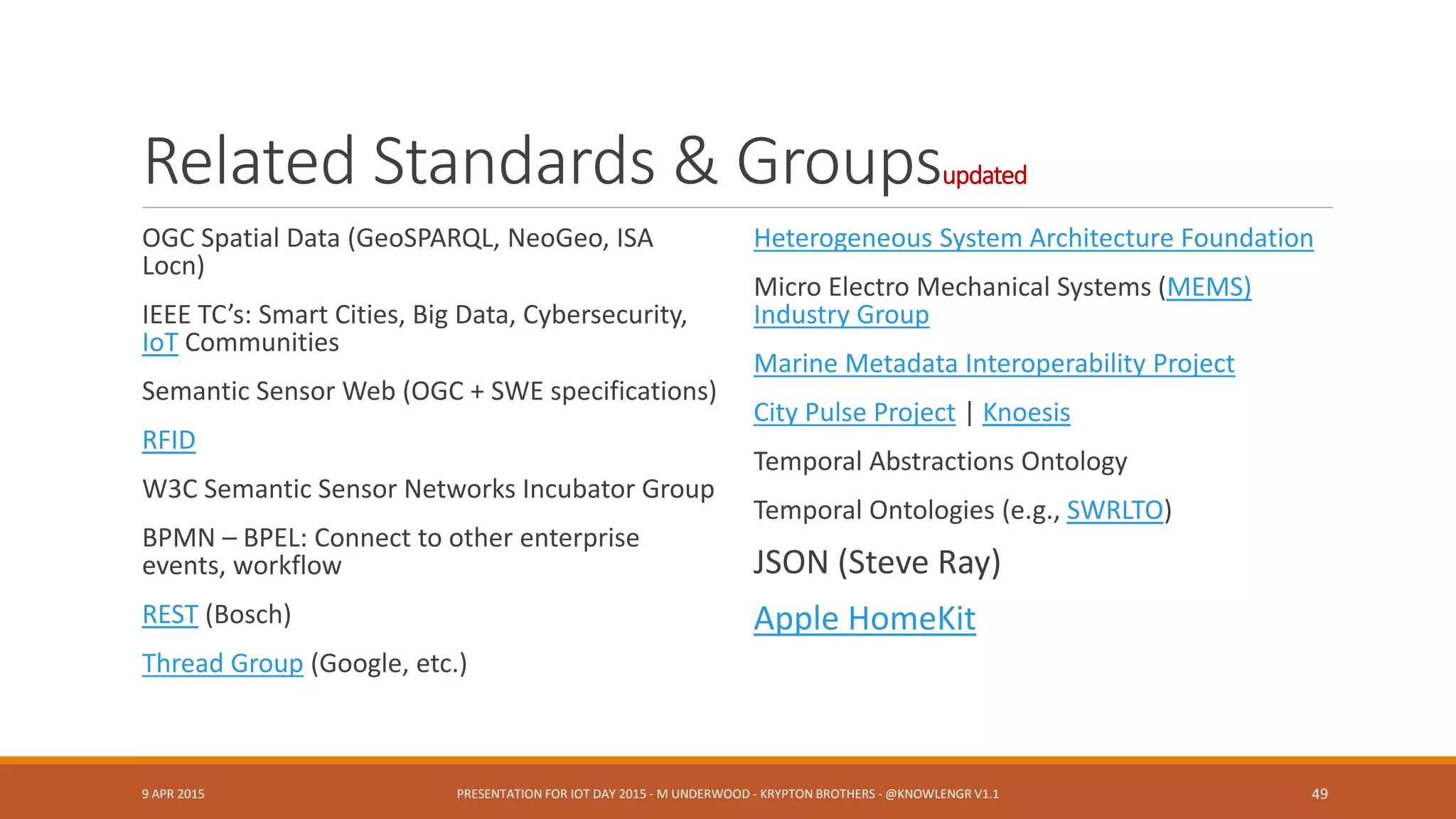 Standards Orgs & Initiativesupdated
W3C – Web of Things Community Group
Industrial Internet Consortium
ECHONET Consortium (home appliances, LITE spec, cert
equip)
Share-PSI 2.0 Thematic Network (EU Open Data initiatives)
ZigBee Alliance (IEEE 802.15)
Oasis Message Queuing Telemetry Transport (IBM, Cisco,
Red Hat, Tibco, Facebook)
ISO/IEEE 11073 Health Informatics Devices
OGC Sensor Web Enablement
International Telecommunication Union (IoT-GSI)
European Research Cluster on IoT
Project Haystack
Wi-SUN Wireless smart utility networks
AllJoyn | OPENIoT
ISO/IEC/IEEE 21451-1-4 | XMPP IoT
Eu Lighthouse Integrated Project IoT-A
AllSeen Alliance
OneM2M
Process Specification Language
Open Interconnect
* more at Postscapes.com
9 APR 2015 PRESENTATION FOR IOT DAY 2015 - M UNDERWOOD - KRYPTON BROTHERS - @KNOWLENGR V1.2 49
 