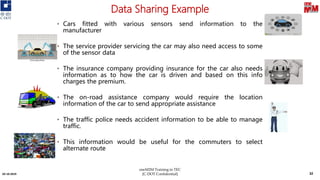 Data Sharing Example
• Cars fitted with various sensors send information to the
manufacturer
• The service provider servicing the car may also need access to some
of the sensor data
• The insurance company providing insurance for the car also needs
information as to how the car is driven and based on this info
charges the premium.
• The on-road assistance company would require the location
information of the car to send appropriate assistance
• The traffic police needs accident information to be able to manage
traffic.
• This information would be useful for the commuters to select
alternate route
03-10-2019 32
oneM2M Training in TEC
[C-DOT Confidential]
 