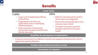 Benefits
Lower Costs
Simplifies the development of applications
CAPEX
– Lower cost of deployment (library
of functions)
– Programmers can focus on
applications (not on underlying
communications)
– Scale economies of horizontal
service layer (common functions for
diverse use-cases)
OPEX
– Efficient communications (policy-
driven and event triggered)
– Sensor data sharing (produce once,
consume many times)
– Transport economics (use best
transport network for business
needs)
– Common services layer for different verticals and segments eliminates the need for
application-specific platforms
Accelerates IoT adoption
Creates mass-market economies of scale
41
 