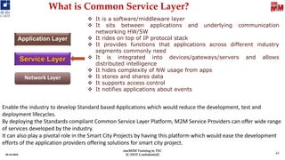 What is Common Service Layer?
03-10-2019
❖ It is a software/middleware layer
❖ It sits between applications and underlying communication
networking HW/SW
❖ It rides on top of IP protocol stack
❖ It provides functions that applications across different industry
segments commonly need
❖ It is integrated into devices/gateways/servers and allows
distributed intelligence
❖ It hides complexity of NW usage from apps
❖ It stores and shares data
❖ It supports access control
❖ It notifies applications about events
Network Layer
Application Layer
Enable the industry to develop Standard based Applications which would reduce the development, test and
deployment lifecycles.
By deploying the Standards compliant Common Service Layer Platform, M2M Service Providers can offer wide range
of services developed by the industry.
It can also play a pivotal role in the Smart City Projects by having this platform which would ease the development
efforts of the application providers offering solutions for smart city project.
43
oneM2M Training in TEC
[C-DOT Confidential]
 