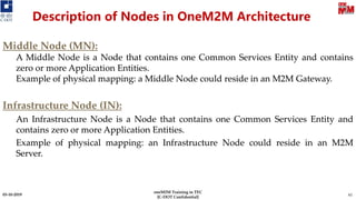 03-10-2019 61
Middle Node (MN):
A Middle Node is a Node that contains one Common Services Entity and contains
zero or more Application Entities.
Example of physical mapping: a Middle Node could reside in an M2M Gateway.
Infrastructure Node (IN):
An Infrastructure Node is a Node that contains one Common Services Entity and
contains zero or more Application Entities.
Example of physical mapping: an Infrastructure Node could reside in an M2M
Server.
Middle Node (MN):
A Middle Node is a Node that contains one Common Services Entity and contains
zero or more Application Entities.
Example of physical mapping: a Middle Node could reside in an M2M Gateway.
Infrastructure Node (IN):
An Infrastructure Node is a Node that contains one Common Services Entity and
contains zero or more Application Entities.
Example of physical mapping: an Infrastructure Node could reside in an M2M
Server.
oneM2M Training in TEC
[C-DOT Confidential]
Description of Nodes in OneM2M Architecture
 