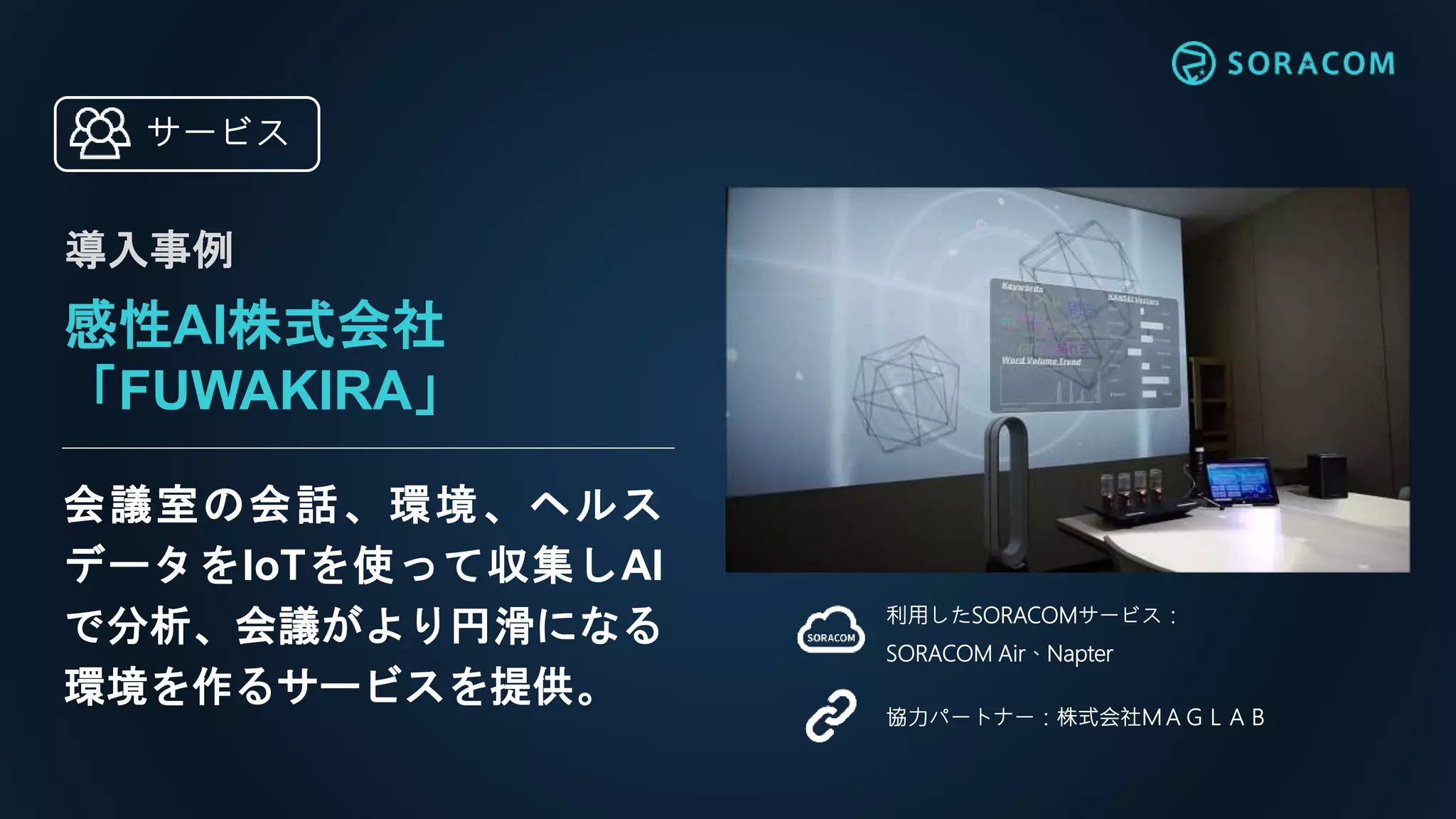 感性AI株式会社
「FUWAKIRA」
会議室の会話、環境、ヘルス
データをIoTを使って収集しAI
で分析、会議がより円滑になる
環境を作るサービスを提供。
利用したSORACOMサービス：
SORACOM Air、Napter
導入事例
協力パートナー：株式会社ＭＡＧＬＡＢ
サービス
 