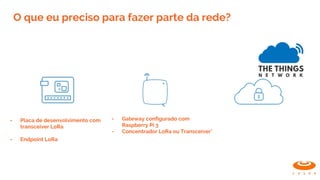 O que eu preciso para fazer parte da rede?
- Placa de desenvolvimento com
transceiver LoRa
- Endpoint LoRa
- Gateway configurado com
Raspberry Pi 3
- Concentrador LoRa ou Transceiver*
 