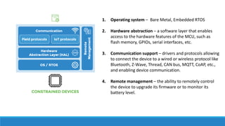 1. Operating system – Bare Metal, Embedded RTOS
2. Hardware abstraction – a software layer that enables
access to the hardware features of the MCU, such as
flash memory, GPIOs, serial interfaces, etc.
3. Communication support – drivers and protocols allowing
to connect the device to a wired or wireless protocol like
Bluetooth, Z-Wave, Thread, CAN bus, MQTT, CoAP, etc.,
and enabling device communication.
4. Remote management – the ability to remotely control
the device to upgrade its firmware or to monitor its
battery level.
 