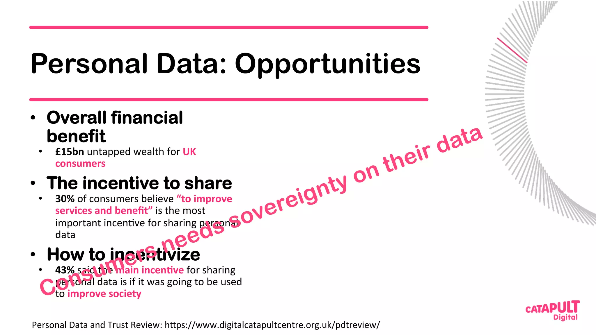 Personal Data: Opportunities
•  Overall financial
benefit
•  £15bn	untapped	wealth	for	UK	
consumers	
•  The incentive to share
•  30%	of	consumers	believe	“to	improve	
services	and	beneﬁt”	is	the	most	
important	incen5ve	for	sharing	personal	
data	
•  How to incentivize
•  43%	said	the	main	incen=ve	for	sharing	
personal	data	is	if	it	was	going	to	be	used	
to	improve	society	
Personal	Data	and	Trust	Review:	h<ps://www.digitalcatapultcentre.org.uk/pdtreview/	
 