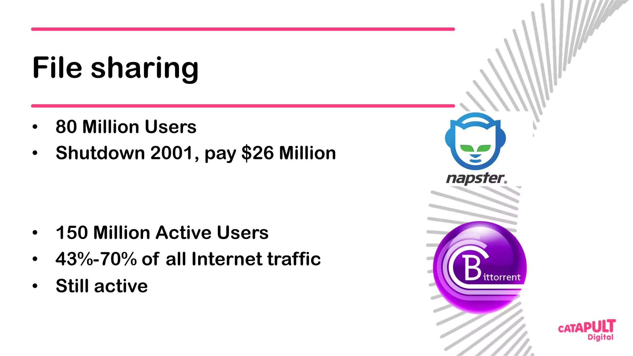 File sharing
•  80 Million Users
•  Shutdown 2001, pay $26 Million
•  150 Million Active Users
•  43%-70% of all Internet traffic
•  Still active
 