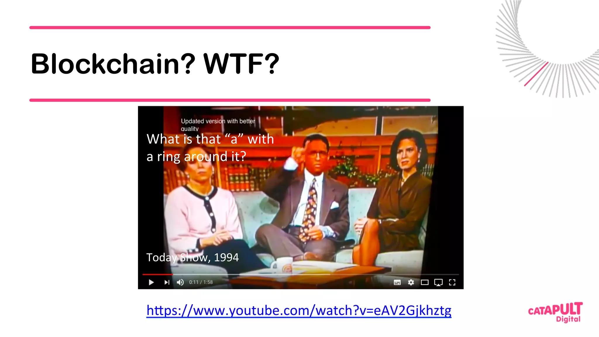 Blockchain? WTF?
h<ps://www.youtube.com/watch?v=eAV2Gjkhztg		
What	is	that	“a”	with	
a	ring	around	it?	
Today	Show,	1994	
 
