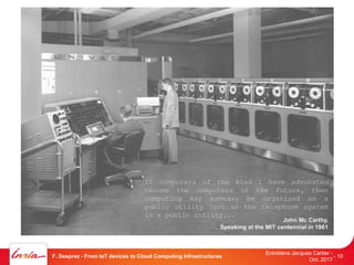 Entretiens Jacques Cartier -
Oct. 2017
F. Desprez - From IoT devices to Cloud Computing Infrastructures - 10
John Mc Carthy,
Speaking at the MIT centennial in 1961
If computers of the kind I have advocated
become the computers of the future, then
computing may someday be organized as a
public utility just as the telephone system
is a public utility...
 