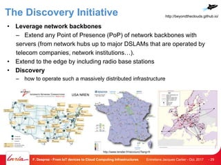 The Discovery Initiative
• Leverage network backbones
– Extend any Point of Presence (PoP) of network backbones with
servers (from network hubs up to major DSLAMs that are operated by
telecom companies, network institutions…).
• Extend to the edge by including radio base stations
• Discovery
– how to operate such a massively distributed infrastructure
Entretiens Jacques Cartier - Oct. 2017F. Desprez - From IoT devices to Cloud Computing Infrastructures - 29
USA NREN
http://www.renater.fr/raccourci?lang=fr
http://beyondtheclouds.github.io/
 