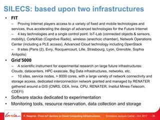SILECS: based upon two infrastructures
• FIT
– Proving Internet players access to a variety of fixed and mobile technologies and
services, thus accelerating the design of advanced technologies for the Future Internet
– 4 key technologies and a single control point: IoT-Lab (connected objects & sensors,
mobility), CorteXlab (Cognitive Radio), wireless (anechoic chamber), Network Operations
Center (including a PLE access), Advanced Cloud technology including OpenStack
– 9 sites (Paris (2), Evry, Rocquencourt, Lille, Strasbourg, Lyon, Grenoble, Sophia
Antipolis)
• Grid’5000
– A scientific instrument for experimental research on large future infrastructures:
Clouds, datacenters, HPC exascale, Big Data infrastructures, networks, etc.
– 10 sites, service nodes, > 8000 cores, with a large variety of network connectivity and
storage access, dedicated interconnection network granted and managed by RENATER
gathered around a GIS (CNRS, CEA, Inria, CPU, RENATER, Institut Mines-Telecom,
CDEFI)
• Software stacks dedicated to experimentation
• Monitoring tools, resource reservation, data collection and storage
Entretiens Jacques Cartier - Oct. 2017F. Desprez - From IoT devices to Cloud Computing Infrastructures - 35
 