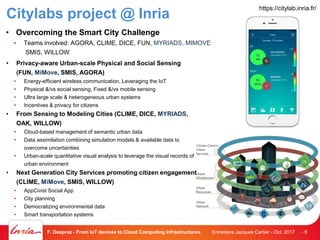 Citylabs project @ Inria
Entretiens Jacques Cartier - Oct. 2017F. Desprez - From IoT devices to Cloud Computing Infrastructures - 6
• Privacy-aware Urban-scale Physical and Social Sensing
(FUN, MiMove, SMIS, AGORA)
• Energy-efficient wireless communication, Leveraging the IoT
• Physical &/vs social sensing, Fixed &/vs mobile sensing
• Ultra large scale & heterogeneous urban systems
• Incentives & privacy for citizens
• From Sensing to Modeling Cities (CLIME, DICE, MYRIADS,
OAK, WILLOW)
• Cloud-based management of semantic urban data
• Data assimilation combining simulation models & available data to
overcome uncertainties
• Urban-scale quantitative visual analysis to leverage the visual records of
urban environment
• Next Generation City Services promoting citizen engagement
(CLIME, MiMove, SMIS, WILLOW)
• AppCivist Social App
• City planning
• Democratizing environmental data
• Smart transportation systems
• Overcoming the Smart City Challenge
• Teams involved: AGORA, CLIME, DICE, FUN, MYRIADS, MIMOVE
SMIS, WILLOW
https://citylab.inria.fr/
 