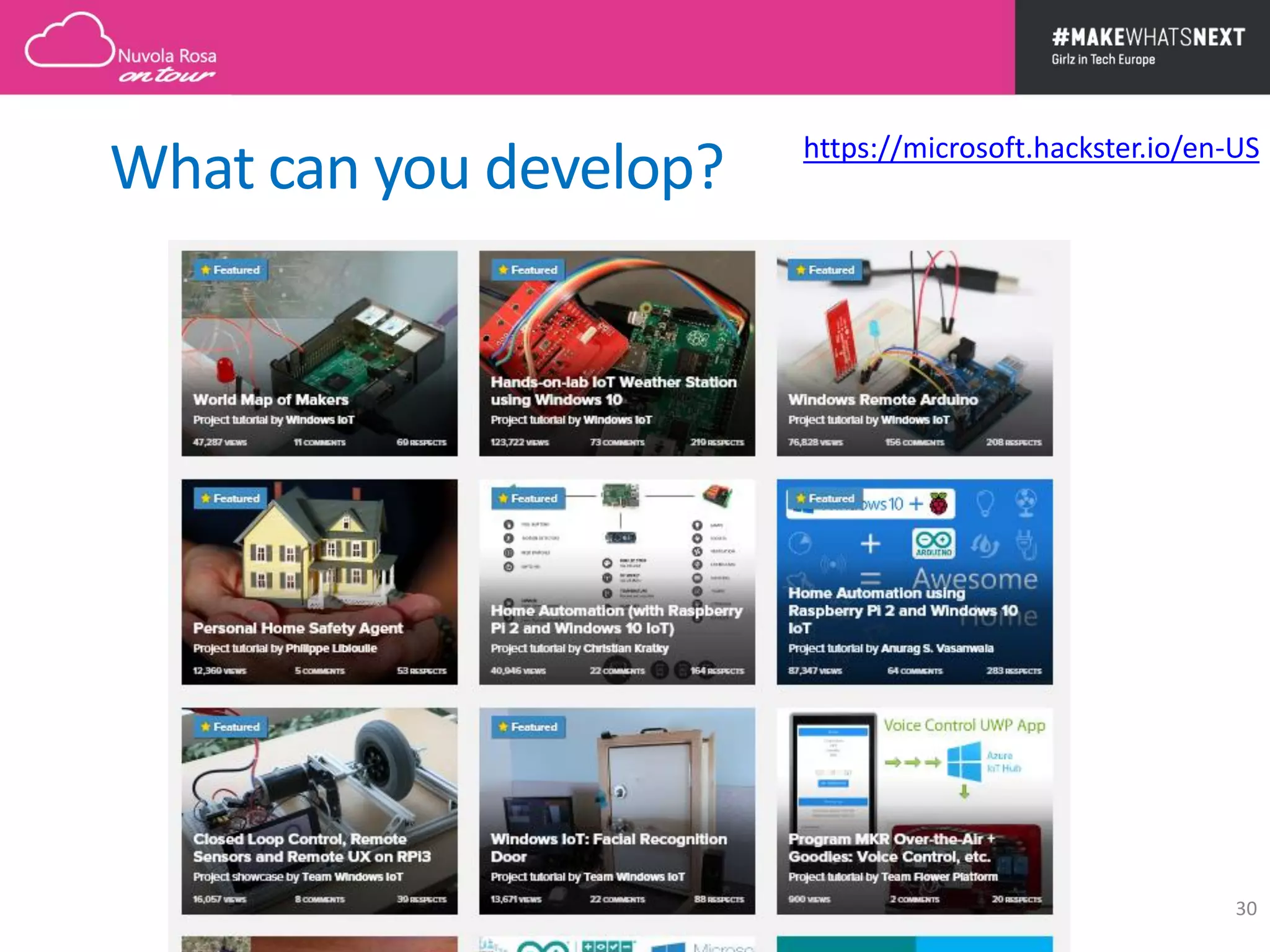 30
What can you develop? https://microsoft.hackster.io/en-US
 