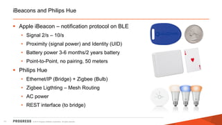 © 2014 Progress Software Corporation. All rights reserved.11
iBeacons and Philips Hue
 Apple iBeacon – notification protocol on BLE
• Signal 2/s – 10/s
• Proximity (signal power) and Identity (UID)
• Battery power 3-6 months/2 years battery
• Point-to-Point, no pairing, 50 meters
 Philips Hue
• Ethernet/IP (Bridge) + Zigbee (Bulb)
• Zigbee Ligthting – Mesh Routing
• AC power
• REST interface (to bridge)
 