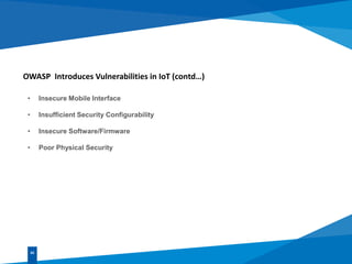 OWASP Introduces Vulnerabilities in IoT (contd…)
• Insecure Mobile Interface
• Insufficient Security Configurability
• Insecure Software/Firmware
• Poor Physical Security
02
 