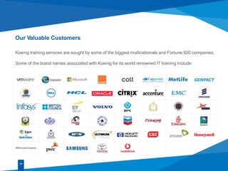 Koenig training services are sought by some of the biggest multinationals and Fortune 500 companies.
Some of the brand names associated with Koenig for its world renowned IT training include:
Our Valuable Customers
24
 