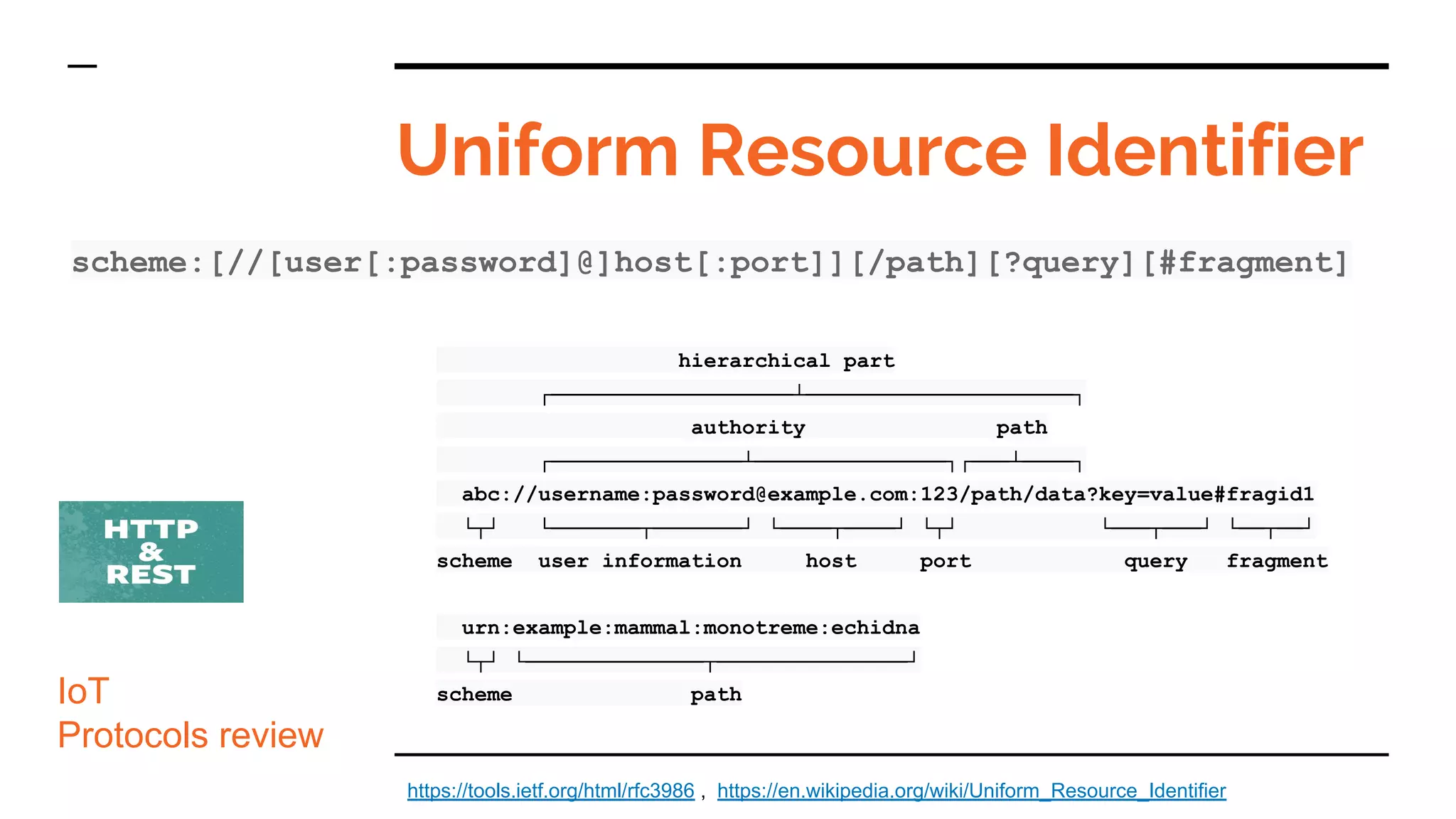 Uniform Resource Identifier
scheme:[//[user[:password]@]host[:port]][/path][?query][#fragment]
IoT
Protocols review
hierarchical part
┌───────────────────┴─────────────────────┐
authority path
┌───────────────┴───────────────┐┌───┴────┐
abc://username:password@example.com:123/path/data?key=value#fragid1
└┬┘ └───────┬───────┘ └────┬────┘ └┬┘ └───┬───┘ └──┬──┘
scheme user information host port query fragment
urn:example:mammal:monotreme:echidna
└┬┘ └──────────────┬───────────────┘
scheme path
https://tools.ietf.org/html/rfc3986 , https://en.wikipedia.org/wiki/Uniform_Resource_Identifier
 