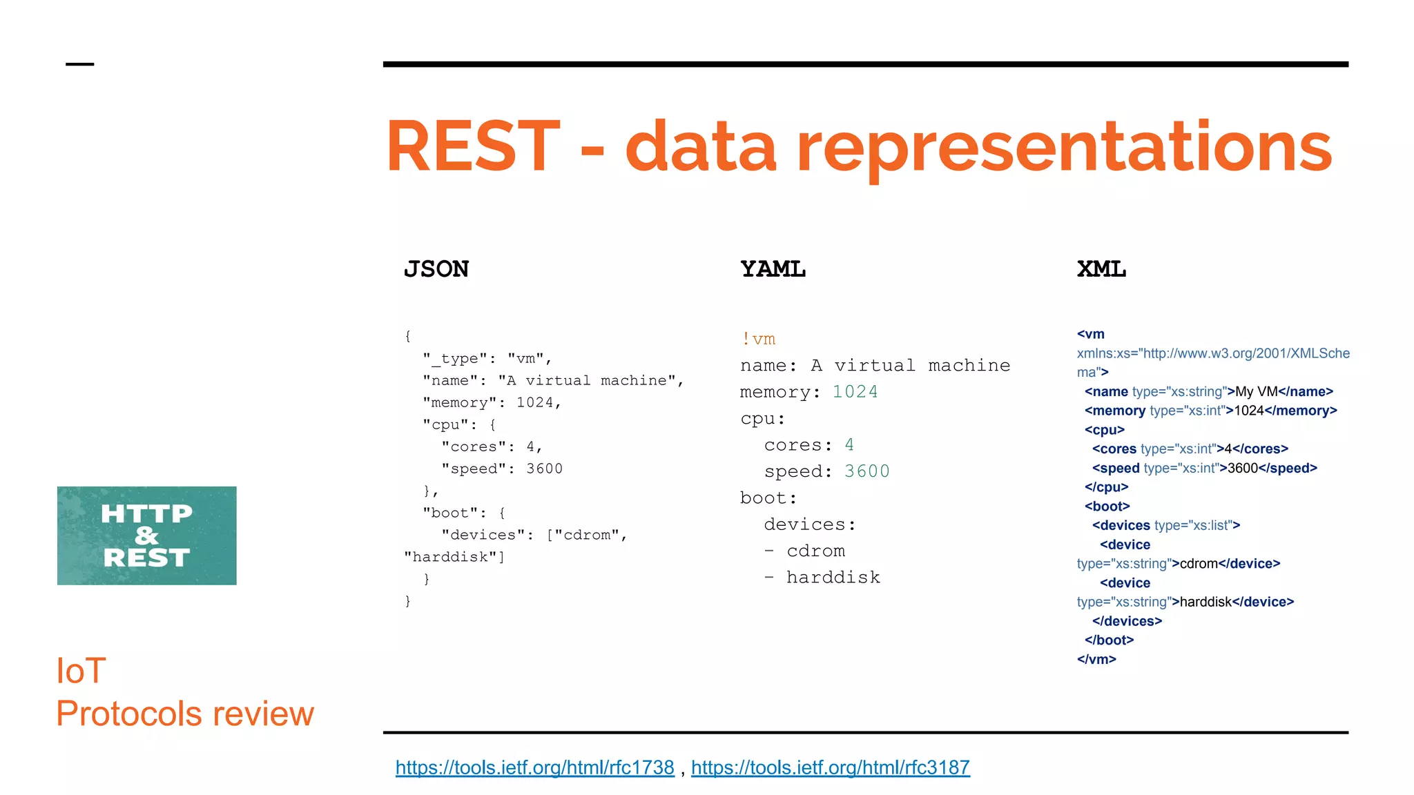 REST - data representations
IoT
Protocols review
JSON
{
"_type": "vm",
"name": "A virtual machine",
"memory": 1024,
"cpu": {
"cores": 4,
"speed": 3600
},
"boot": {
"devices": ["cdrom",
"harddisk"]
}
}
https://tools.ietf.org/html/rfc1738 , https://tools.ietf.org/html/rfc3187
YAML
!vm
name: A virtual machine
memory: 1024
cpu:
cores: 4
speed: 3600
boot:
devices:
- cdrom
- harddisk
XML
<vm
xmlns:xs="http://www.w3.org/2001/XMLSche
ma">
<name type="xs:string">My VM</name>
<memory type="xs:int">1024</memory>
<cpu>
<cores type="xs:int">4</cores>
<speed type="xs:int">3600</speed>
</cpu>
<boot>
<devices type="xs:list">
<device
type="xs:string">cdrom</device>
<device
type="xs:string">harddisk</device>
</devices>
</boot>
</vm>
 