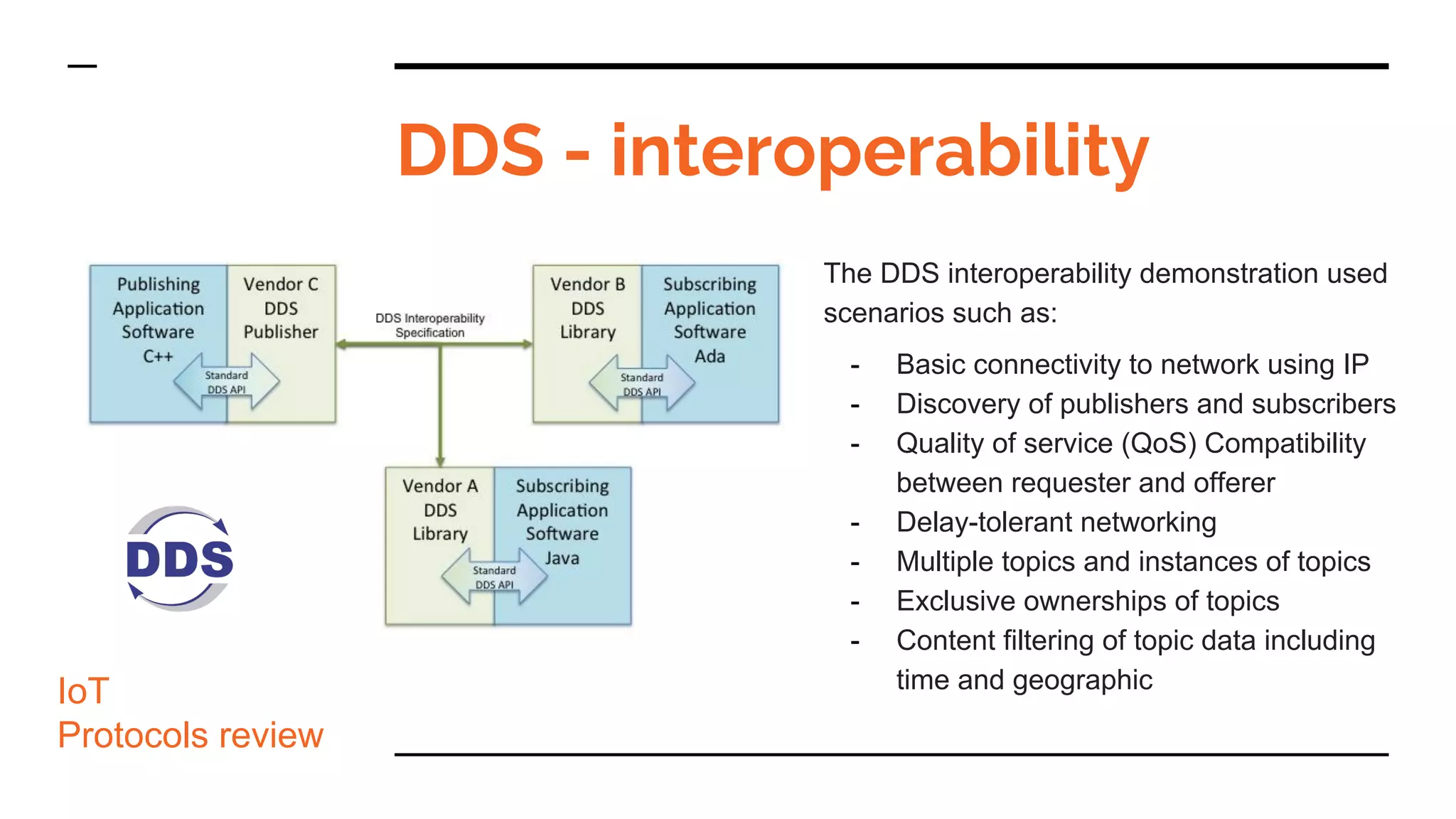 DDS - interoperability
The DDS interoperability demonstration used
scenarios such as:
- Basic connectivity to network using IP
- Discovery of publishers and subscribers
- Quality of service (QoS) Compatibility
between requester and offerer
- Delay-tolerant networking
- Multiple topics and instances of topics
- Exclusive ownerships of topics
- Content filtering of topic data including
time and geographicIoT
Protocols review
 