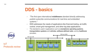 DDS - basics
IoT
Protocols review
- "The first open international middleware standard directly addressing
publish-subscrib...
