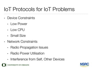 IoT Protocols for IoT Problems
• Device Constraints
• Low Power
• Low CPU
• Small Size
• Network Constraints
• Radio Propagation Issues
• Radio Power Utilisation
• Interference from Self, Other Devices
 