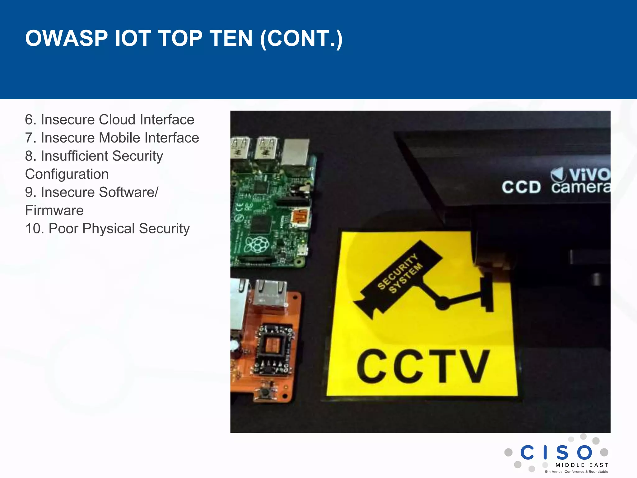 OWASP IOT TOP TEN (CONT.)
6. Insecure Cloud Interface
7. Insecure Mobile Interface
8. Insufficient Security
Configuration
9. Insecure Software/
Firmware
10. Poor Physical Security
 