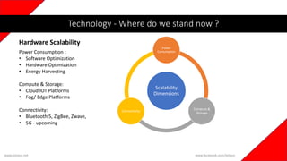 www.iotians.net www.facebook.com/iotians
Technology - Where do we stand now ?
Hardware Scalability
Scalability
Dimensions
Power
Consumption
Compute &
Storage
Connectivity
Power Consumption :
• Software Optimization
• Hardware Optimization
• Energy Harvesting
Compute & Storage:
• Cloud IOT Platforms
• Fog/ Edge Platforms
Connectivity:
• Bluetooth 5, ZigBee, Zwave,
• 5G - upcoming
 