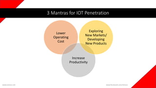 www.iotians.net www.facebook.com/iotians
3 Mantras for IOT Penetration
Lower
Operating
Cost
Increase
Productivity
Exploring
New Markets/
Developing
New Products
 