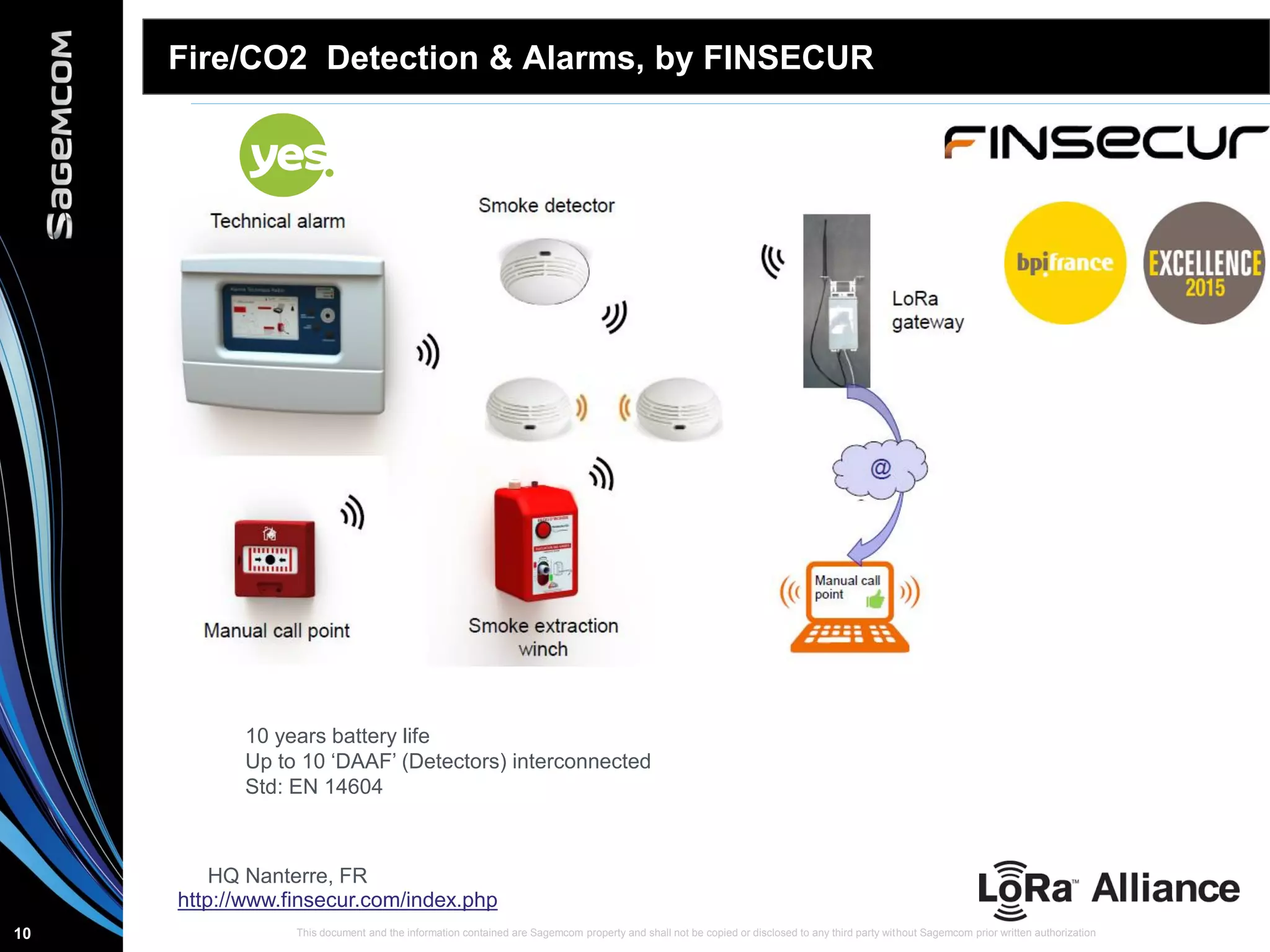 This document and the information contained are Sagemcom property and shall not be copied or disclosed to any third party without Sagemcom prior written authorization10
Fire/CO2 Detection & Alarms, by FINSECUR
10 years battery life
Up to 10 ‘DAAF’ (Detectors) interconnected
Std: EN 14604
HQ Nanterre, FR
http://www.finsecur.com/index.php
 