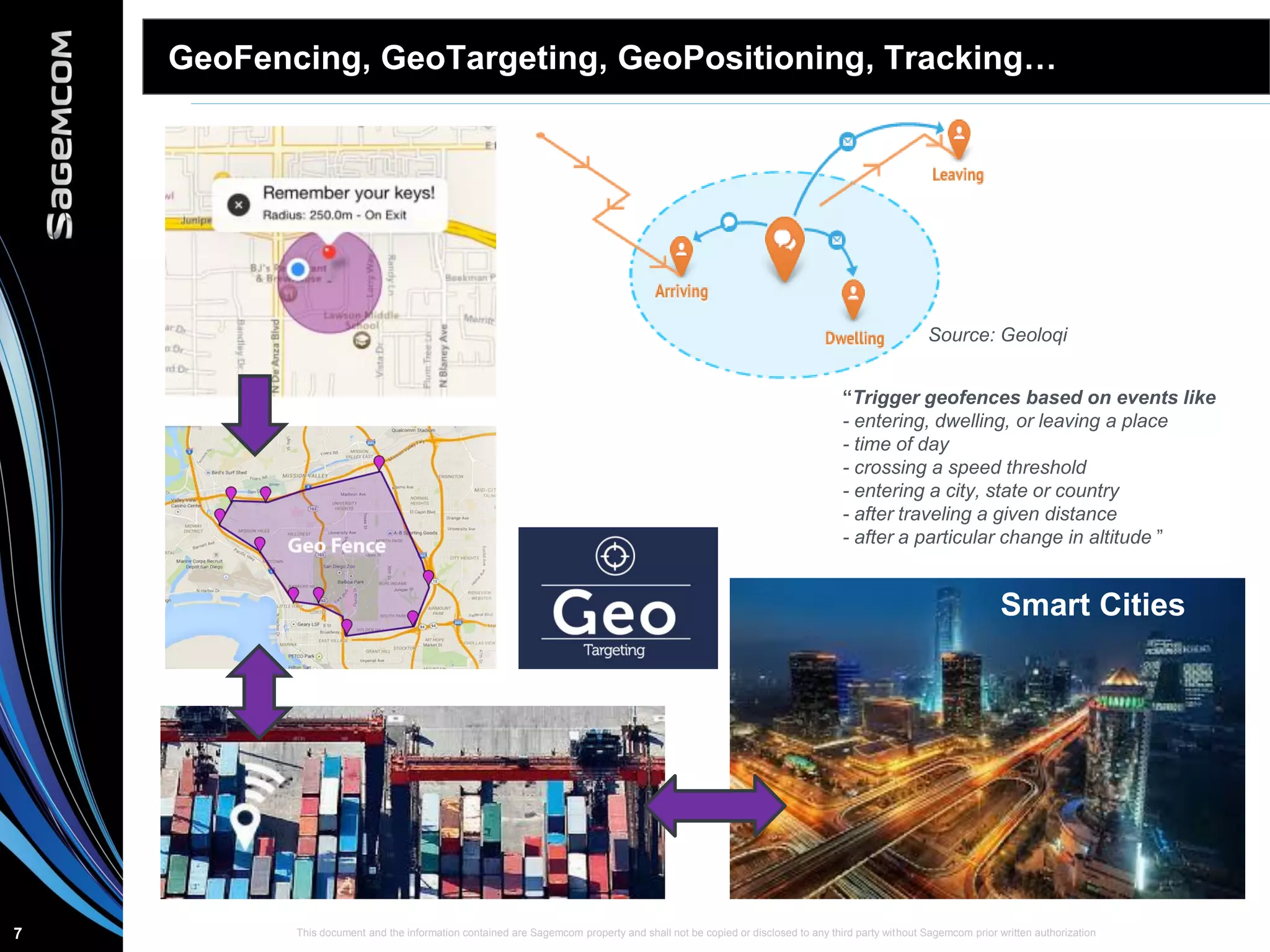 This document and the information contained are Sagemcom property and shall not be copied or disclosed to any third party without Sagemcom prior written authorization7
GeoFencing, GeoTargeting, GeoPositioning, Tracking…
“Trigger geofences based on events like
- entering, dwelling, or leaving a place
- time of day
- crossing a speed threshold
- entering a city, state or country
- after traveling a given distance
- after a particular change in altitude ”
Source: Geoloqi
Smart Cities
 
