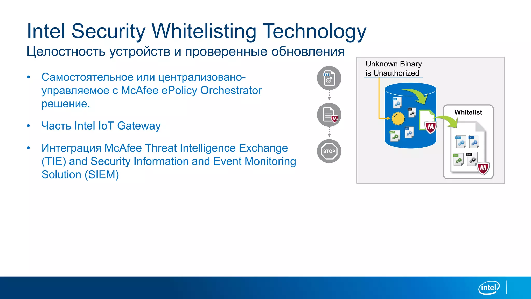 Intel Security Whitelisting Technology
Целостность устройств и проверенные обновления
• Самостоятельное или централизовано-
управляемое с McAfee ePolicy Orchestrator
решение.
• Часть Intel IoT Gateway
• Интеграция McAfee Threat Intelligence Exchange
(TIE) and Security Information and Event Monitoring
Solution (SIEM)
SYS
STOP
Unknown Binary
is Unauthorized
Whitelist
 
