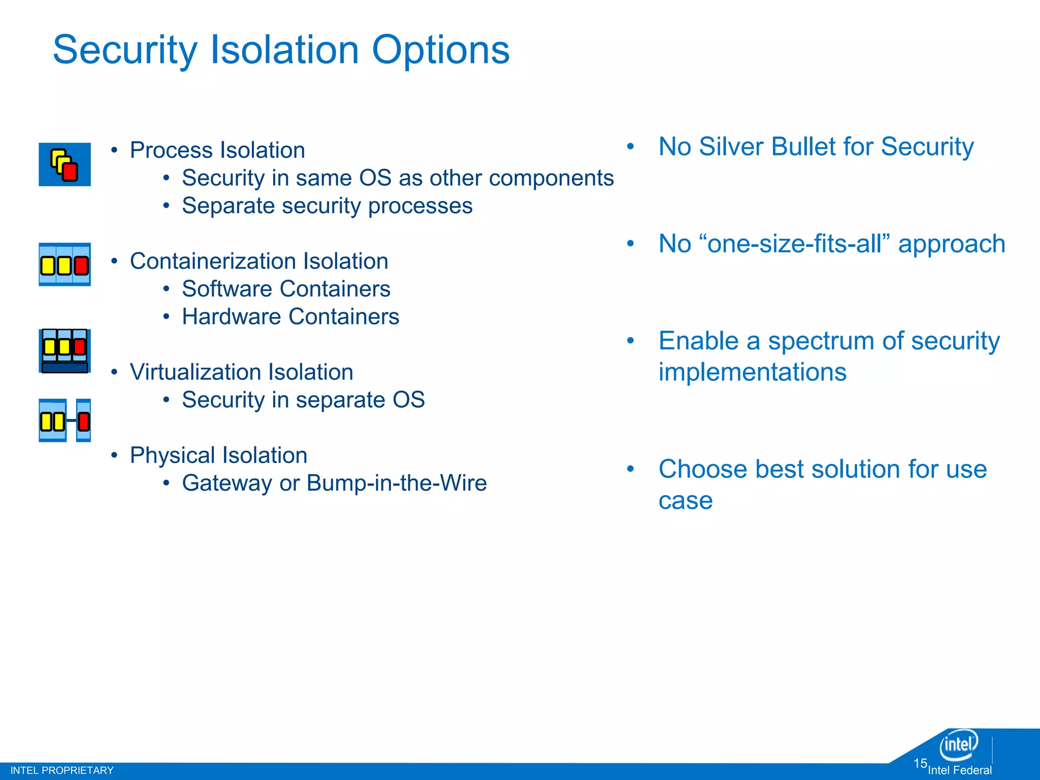 INTEL PROPRIETARY Intel Federal
15
Security Isolation Options
• No Silver Bullet for Security
• No “one-size-fits-all” approach
• Enable a spectrum of security
implementations
• Choose best solution for use
case
• Process Isolation
• Security in same OS as other components
• Separate security processes
• Containerization Isolation
• Software Containers
• Hardware Containers
• Virtualization Isolation
• Security in separate OS
• Physical Isolation
• Gateway or Bump-in-the-Wire
 