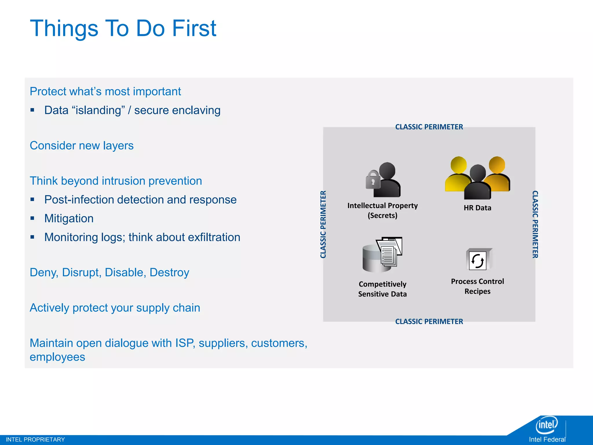 INTEL PROPRIETARY Intel Federal
Things To Do First
Protect what’s most important
 Data “islanding” / secure enclaving
Consider new layers
Think beyond intrusion prevention
 Post-infection detection and response
 Mitigation
 Monitoring logs; think about exfiltration
Deny, Disrupt, Disable, Destroy
Actively protect your supply chain
Maintain open dialogue with ISP, suppliers, customers,
employees
CLASSIC PERIMETER
Intellectual Property
(Secrets)
HR Data
Process Control
Recipes
Competitively
Sensitive Data
CLASSIC PERIMETERCLASSICPERIMETER
CLASSICPERIMETER
 