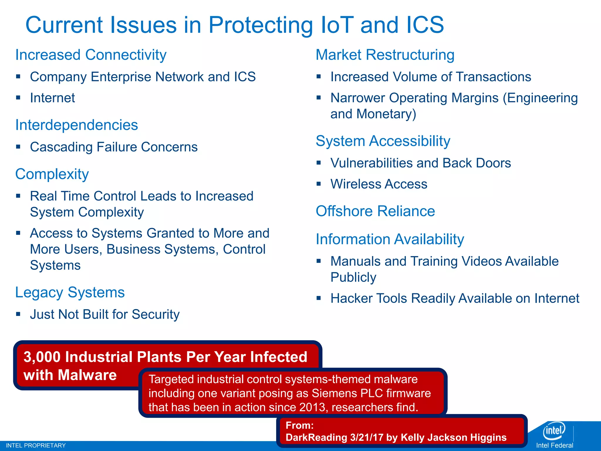 INTEL PROPRIETARY Intel Federal
Current Issues in Protecting IoT and ICS
Increased Connectivity
 Company Enterprise Network and ICS
 Internet
Interdependencies
 Cascading Failure Concerns
Complexity
 Real Time Control Leads to Increased
System Complexity
 Access to Systems Granted to More and
More Users, Business Systems, Control
Systems
Legacy Systems
 Just Not Built for Security
Market Restructuring
 Increased Volume of Transactions
 Narrower Operating Margins (Engineering
and Monetary)
System Accessibility
 Vulnerabilities and Back Doors
 Wireless Access
Offshore Reliance
Information Availability
 Manuals and Training Videos Available
Publicly
 Hacker Tools Readily Available on Internet
3,000 Industrial Plants Per Year Infected
with Malware Targeted industrial control systems-themed malware
including one variant posing as Siemens PLC firmware
that has been in action since 2013, researchers find.
From:
DarkReading 3/21/17 by Kelly Jackson Higgins
 