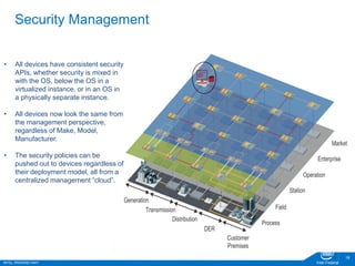 INTEL PROPRIETARY Intel Federal
18
Security Management
• All devices have consistent security
APIs, whether security is mixed in
with the OS, below the OS in a
virtualized instance, or in an OS in
a physically separate instance.
• All devices now look the same from
the management perspective,
regardless of Make, Model,
Manufacturer.
• The security policies can be
pushed out to devices regardless of
their deployment model, all from a
centralized management “cloud”.
 