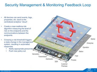 INTEL PROPRIETARY Intel Federal
20
Security Management & Monitoring Feedback Loop
• All devices can send events, logs,
properties, etc. back to the
centralized analytics “cloud”.
• Create a near-realtime risk
algorithm measuring the level of
risk on the endpoints and the
communications between the
endpoints.
• Crossing a risk threshold triggers
a state change in the management
system, resulting in automated
responses
• Notify appropriate personnel
• Push new policy out
 