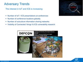 INTEL PROPRIETARY Intel Federal
Adversary Trends
The interest in IoT and ICS is increasing:
 Number of IoT / ICS presentations at conferences
 Number of conference locations globally
 Number of subculture information sharing networks
 Visibility of Connected ‘things’ & ICS vulnerability research
 