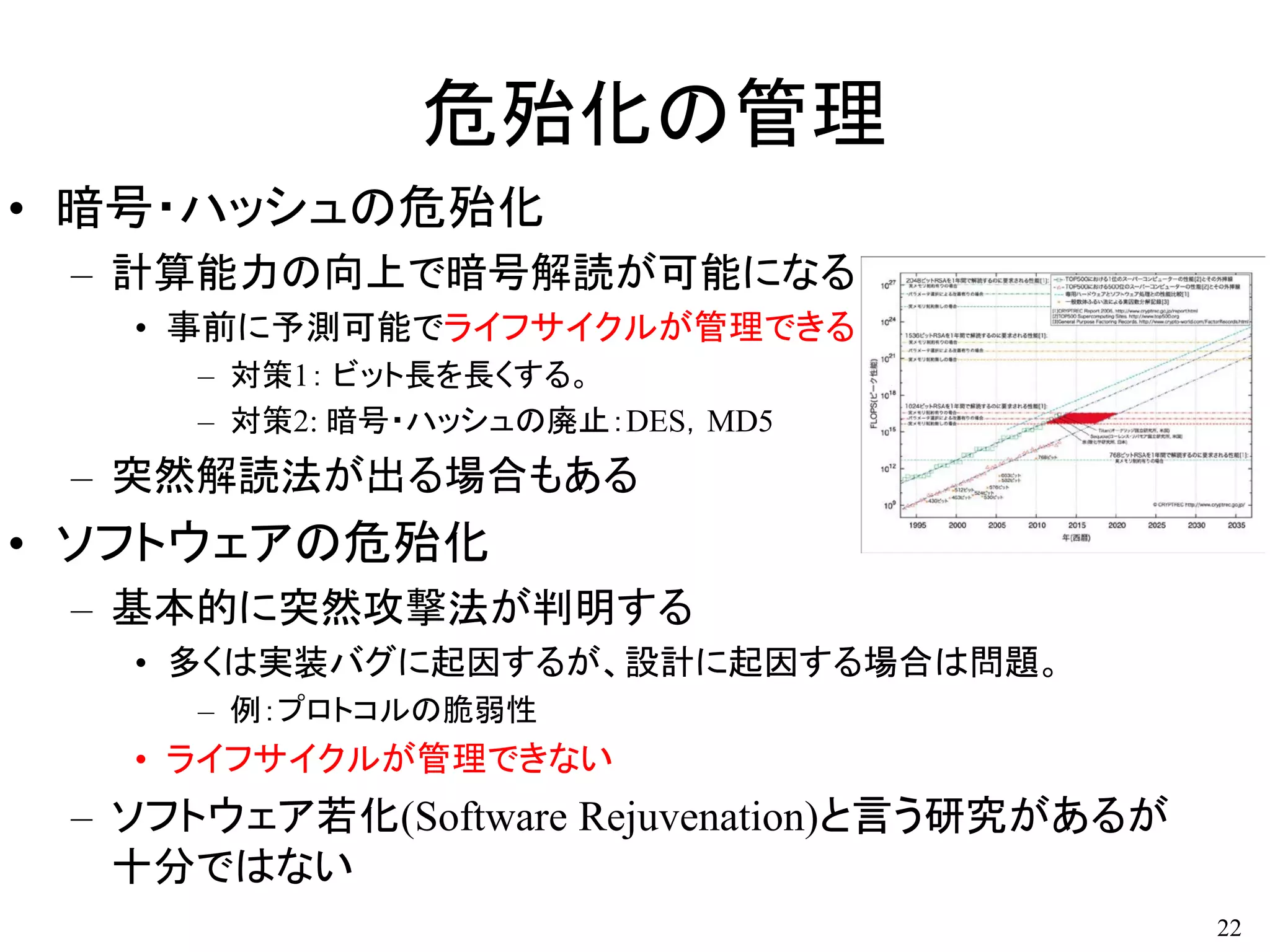 危殆化の管理
• 暗号・ハッシュの危殆化
– 計算能力の向上で暗号解読が可能になる
• 事前に予測可能でライフサイクルが管理できる
– 対策1： ビット長を長くする。
– 対策2: 暗号・ハッシュの廃止：DES，MD5
– 突然解読法が出る場合もある
• ソフトウェアの危殆化
– 基本的に突然攻撃法が判明する
• 多くは実装バグに起因するが、設計に起因する場合は問題。
– 例：プロトコルの脆弱性
• ライフサイクルが管理できない
– ソフトウェア若化(Software Rejuvenation)と言う研究があるが
十分ではない
22
 